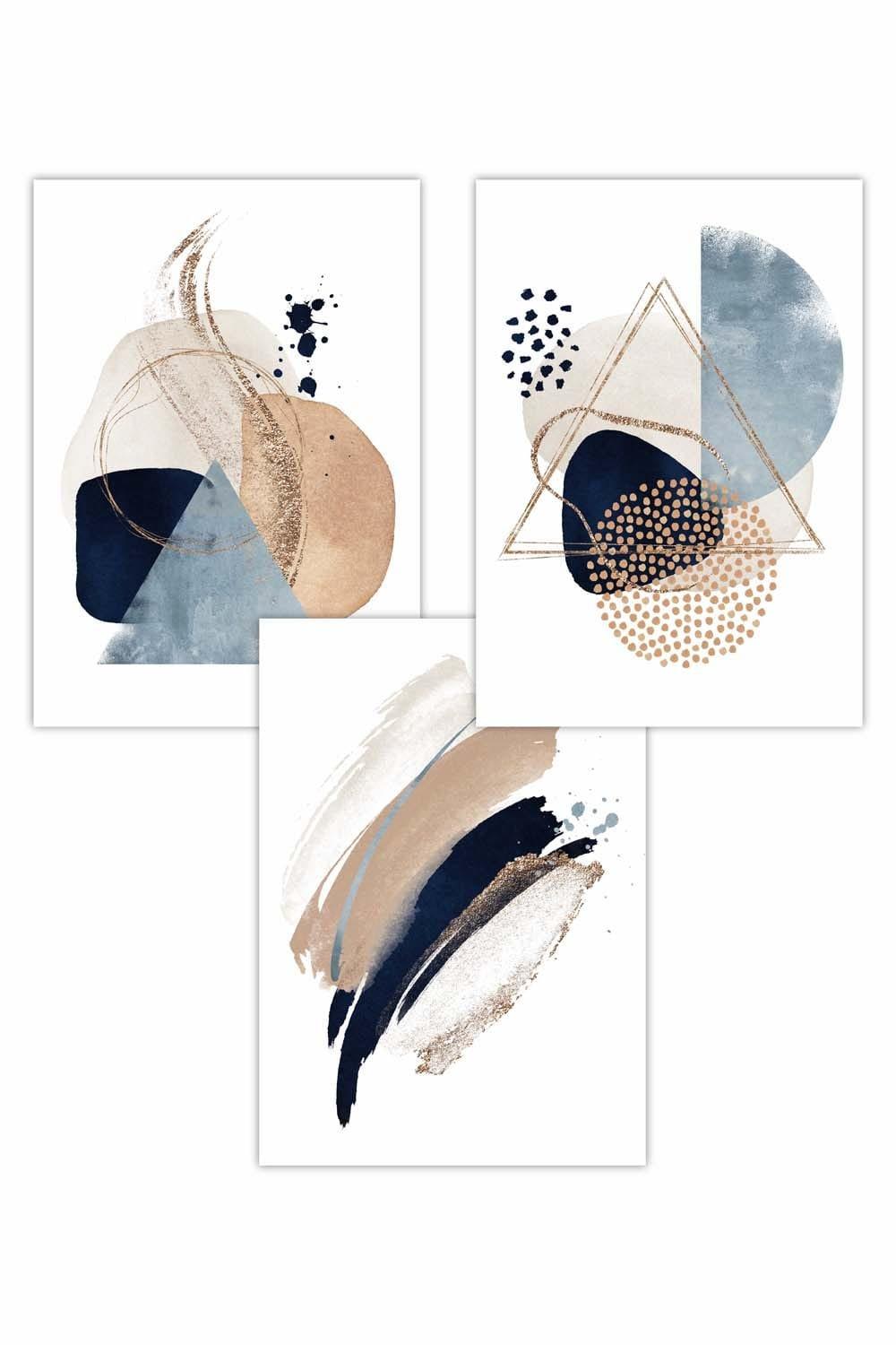 Set of 3 Abstract Blue Beige Watercolour Shapes Art Posters